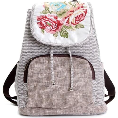 Vintage Flower Canvas Bagpack Chinese Style Handmade Embroidery Women Cotton Linen Large Capacity Female Travel Backpack Mochila