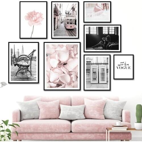 Tram Phone Booth Benches City View Petals Wall Art Canvas Painting Nordic Posters And Prints Wall Pictures For Living Room Decor