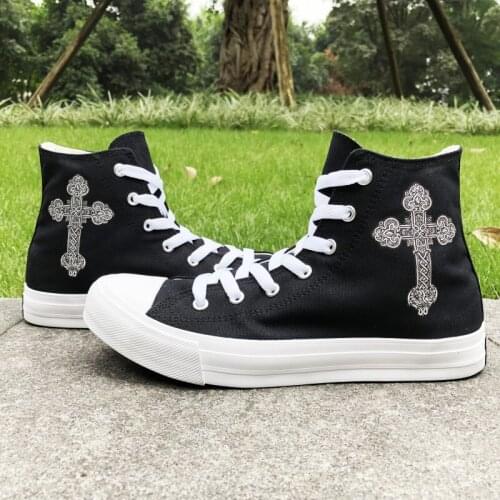 Wen Black Canvas Athletic Shoes Female Floral Pattern Cross Original Designs High Top White Skateboard Sneakers Male Plimsolls