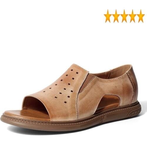 Mens 2021 New Summer Genuine Leather Hollow Out Gladiator Shoes Breathable Male Outdoor Slip On Beach Sandals Footwear