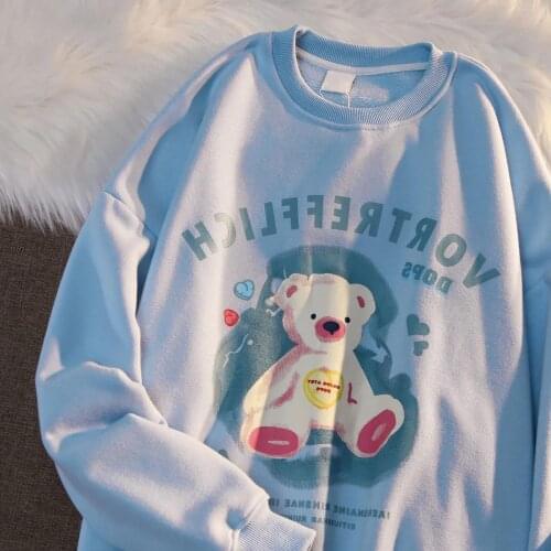 Sky Blue Bear Letter Printing Sweatshirt American Casual Long Sleeve Tops Pullovers 2021 Autumn New Korean Fashion Teens Clothes