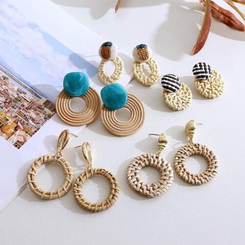 New arrival Europe and America geometric handmade wooden earrings female bamboo rattan retro earrings jewelry