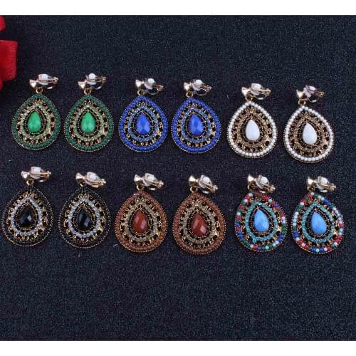 New Party 6 color Bijoux Bohemia Statement Crystal Clip on Earrings Without Piercing Boho Turkish Vintage Ethnic Jewelry