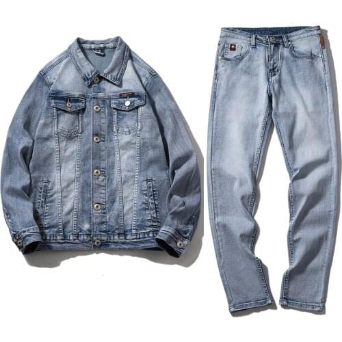 New Two Pieces Set Fashion Blue Denim Jacket Pant Men Tracksuit Autumn Men Brand Clothes Worn out Jeans Jackets+Jeans Pants Sets