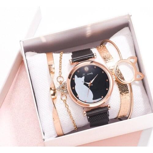 Orologio donnaMagnetic Mesh Belt Watch Fashion Women Watches Women Dress Quartz Wristwatch Cat Watch Bracelet Set Zegarek Damski