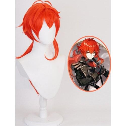 Game Genshin Impact Diluc Cosplay Wig Red Gradient Orange Red Juvenile Cos Wig Tiger Mouth Clip Halloween Costumes For Women