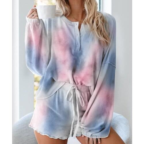 Summer tie dry printed womens Pajama suit long sleeve shorts breathable sleeping clothes pijamas set women femme PJS sleepwear