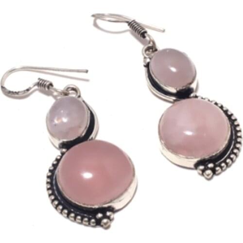 Rose Quarts, Silver Overlay on Copper Earrings ,55 mm , E3943