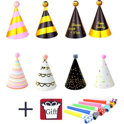4Pcs/Set Baby Kid Birthday Paper Hat Boy Girl Party Cap Festival Birthday Party Decoration Hat Give Blow Dragon Whistle Supplies