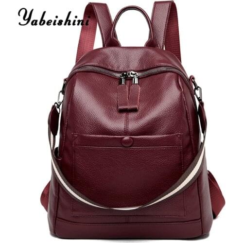Wine Red Women leather Backpacks School Backpack For Teenage Girls Mochila Sac A Dos Large capacity double zip womens backpack