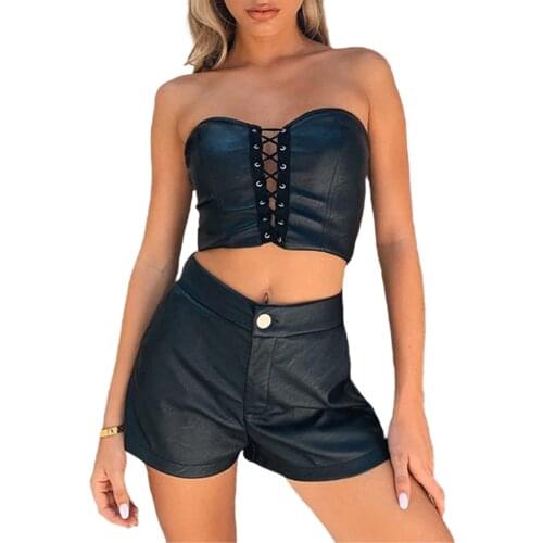 Womens PU Wrapped Tanks Tops Sexy Bandeau CamisHollow Out Bandage Slim Top Strapless Fashion Off Shoulder Street Shot Black