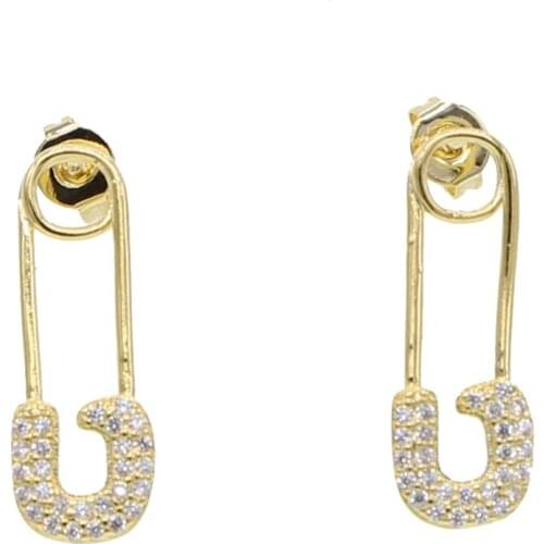 NEW Hot Selling New PUNK Rock Brief Style Gold color Small Safety Pin Shape paved CZ Stud Earring For Women delicate dainty