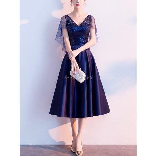 8132 Navy V-neck ruffles-sleeve natural A-line tea-length lace&matte satin homecoming dresses/Party gowns belt free shipping