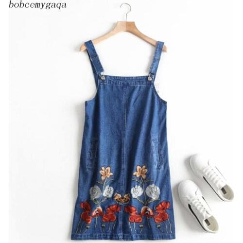 Mini sleeveless denim dress women pockets streetwear backless sexy embroidery jeans dress floral vintage short sundress
