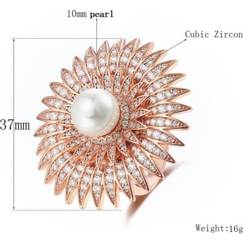 EYER Luxury Rose Gold Engagement Wedding Jewelry Flower Big Pearl Ring For Women Cubic Zircon Party Accessories Finger Ring 2020