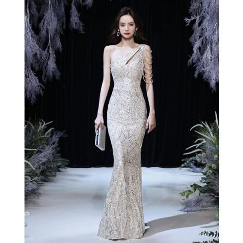 Sexy One Shoulder Beads Silver Sequins Mermaid Student Evening Dress Women Formal Gowns Robe De Soiree Cheongsam 3XL