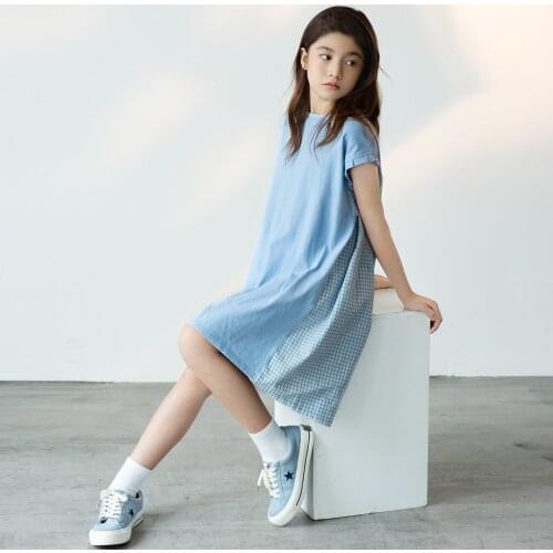 2021 Girls Dress Elegant Blue Plaid Kids Dresses for Girl Short Sleeve Summer Dress Casual Children 's Clothing 8 10 12 14 16 Y