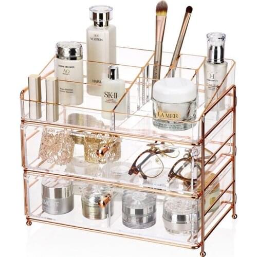 3-Tier Cosmetic Organize Drawer Rose Golden Trim Metal Knob collection tiered Cosmetic storage