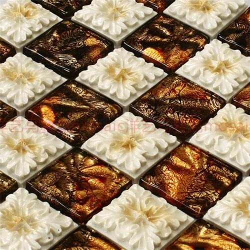 48mm 3D Resin White Flower Resin Golden Foil Glass Mosaic Tiles for kitchen bathroom shower fireplace DIY Wall Decoration