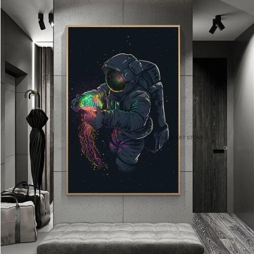 Astronaut sitting on the canvas in space. Childrens room decoration poster and printed mural home decoration art picture