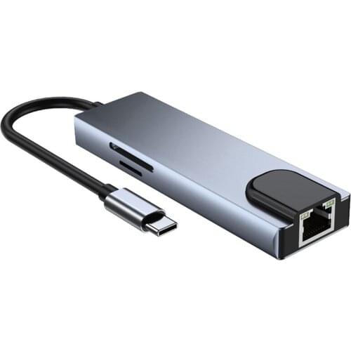 AU42 -6 in 1 Type C Hub HDMI 4K USB C Hub to Gigabit Ethernet Rj49 Lan Adapter for Mac Book Pro Thunderbolt 3 USB-C Charger