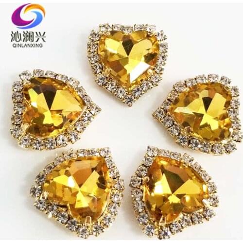 Free shipping Gold bottom Golden yellow heart shape Crystal glass buckle,sew on rhinestones for Diy/jewelry accessories SWHK19