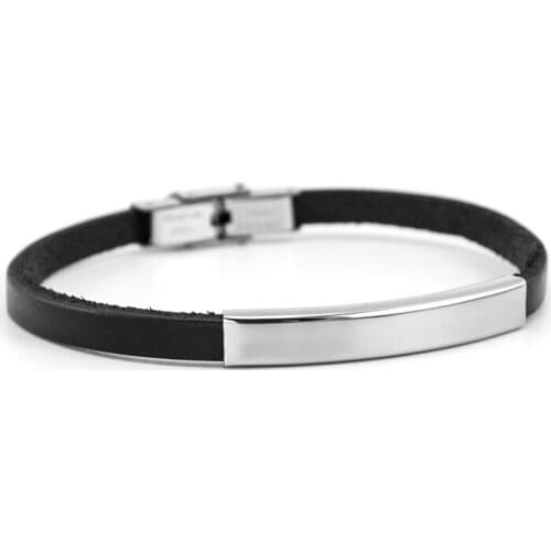 Personalized print blank bracelet women men Genuine Leather black color bracelets&Collar Stainless steel curved tube bangle