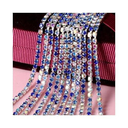 5yard/piece Mix Sapphire blue color Glass Crystal sew on rhinestones Chain silvery bottom Diy Clothing accessories SIJISHUIZUAN