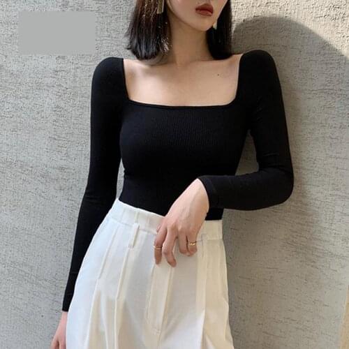 Black Office Lady Elegant Square Neck Tees Long Sleeve Solid Color Pullovers Tee 2021 Casual Womens Knitted T-Shirt