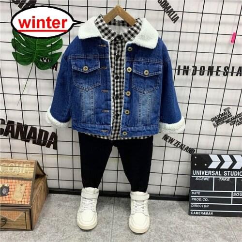 Baby Boys Clothes Sets Winter Kids Plush Denim Jacket + Plaid Shirt +Thick Jeans 3pcs Outfits Childrens Clothes Outfit 2-6Year