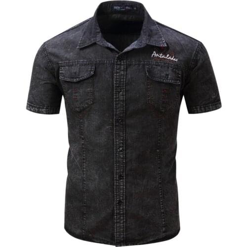 European and American Mens shirt Short-sleeved Cotton Denim Shirt Nostalgic Military Shirts