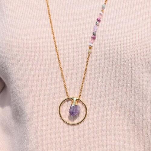 Karma Healing Amethyst Pendant Necklace Long Chain Boho Neckalce