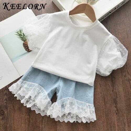 Keelorn Girls Sets 2021 New Summer Children T-shirt and Denim Pants 2PCS Kids Outfits Casual Girl Clothing Fashion Soft Suit