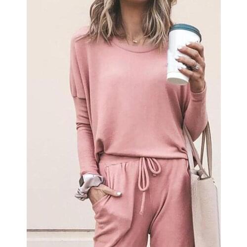 2Pcs Casual Women Solid Color O Neck Long Sleeve Shirt Drawstring Pants Tracksuit Set for Women Fashion Autumn And Winter Suits
