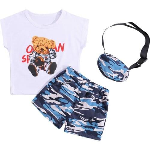 1-5Years Boys Clothes Set Bear Print Sleeveless O-neck Vest+Camouflage Shorts+Messenger Bag