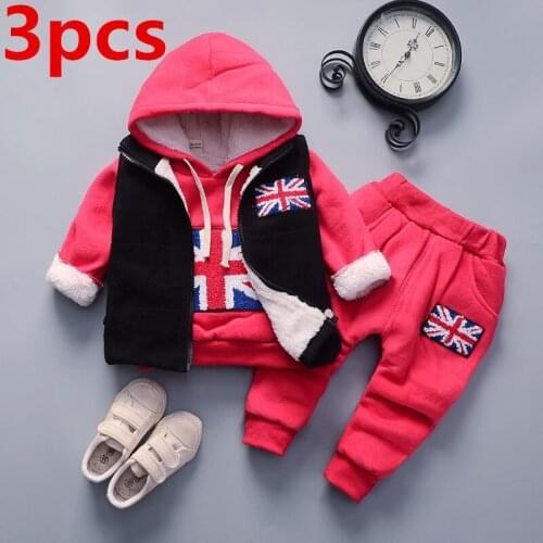 Baby boy clothes plus velvet thick warm 3pcs sports hooded sweater vest jacket baby girl clothing cartoon alphabet printing suit