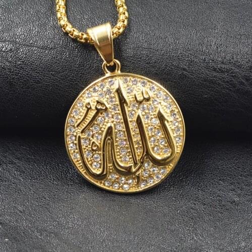 Islamic Allah Pendant Necklace For men Gold Color Cubic Zirconia Necklace Religious Muslim Jewelry