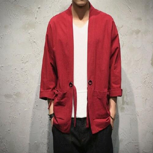 2019 New Men Shirt Cotton Spring And Summer Long Sleeve Solid Color Casual Open Front Cardigan Loose Breathable Short Kimono