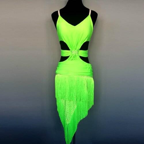 2018 New Arrival Lady/Girl Latin Dance Dress Fluorescent Green Child Adult Size Tassel&Sequin Backless Salsa Cha Cha Rumba Dance