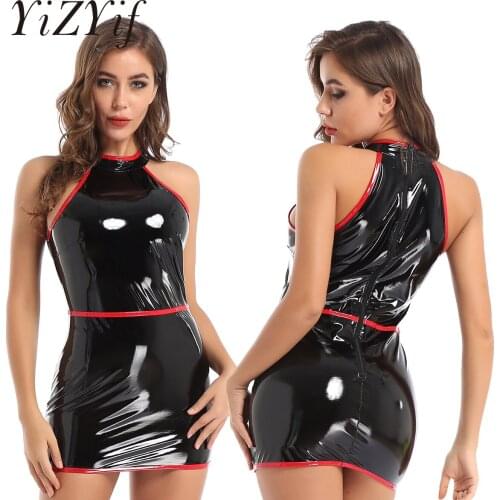 Sexy Patent Leather Bodycon Dress New Summer Women Sleeveless Wet Look Back Zipper Slim Fit Mini Dress Party Night Club Dresses