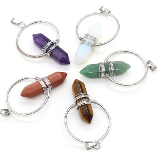 Natural Stone Pendant Pendulum Aventurine Jades Pink Crystal Bullet Hexagonal Point Reiki Charms for DIY Necklace Jewelry Making