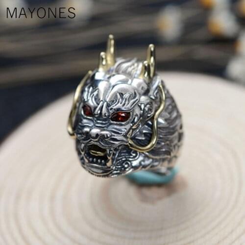 Luxury 925 Sterling Silver Dragon Ring Big Adjustable Size Red Stone Cubic zirconia Punk Mens Rings Gothic Biker Jewelry
