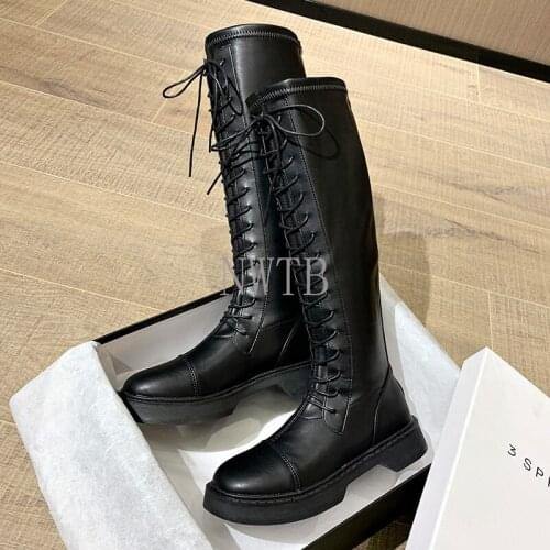 Knee-length Boots Pu Leather Boots Lace-up Casual Square High Heeled Zippers Warmth Non-slip Spring Winter High-top Shoes