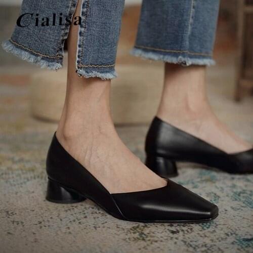 CIALISA Shoes For Women Genuine Leather New Summer Autumn Versatile Round Toe Heel White Shallow High Heels Pumps