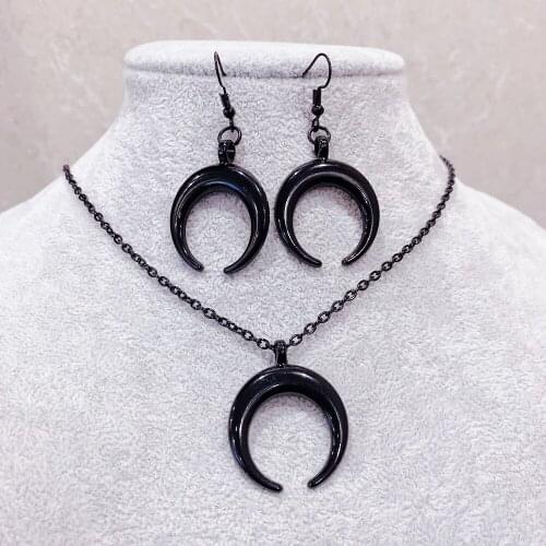 NEW Fashion Jewelry Set Gothic Crescent Moon Pendant Necklace Black Horn Choker Earrings For Women Neck Collar Short Chain Gifts
