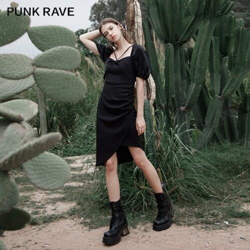 PUNK RAVE Girls Square Collar French Solid Color Puff Sleeve Asymmetrical Dress Tide Mid-lenght Black & White Dress Summer