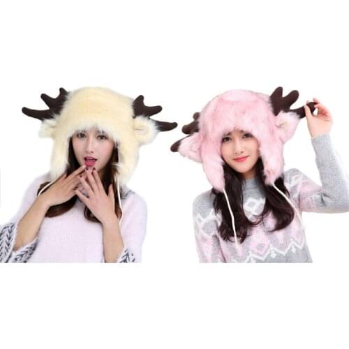 Winter Cosplay Furry Warm Trapper Hat Deer Antlers Fluffy Animal Earflap Cap A0NF