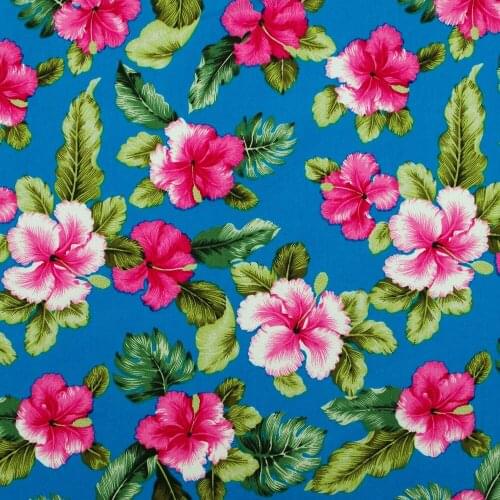 1 Yard Cotton Poplin Fabric for Sewing Patchwork, Dress, Cloth - Flower and Leave on Blue Background (width=140cm)