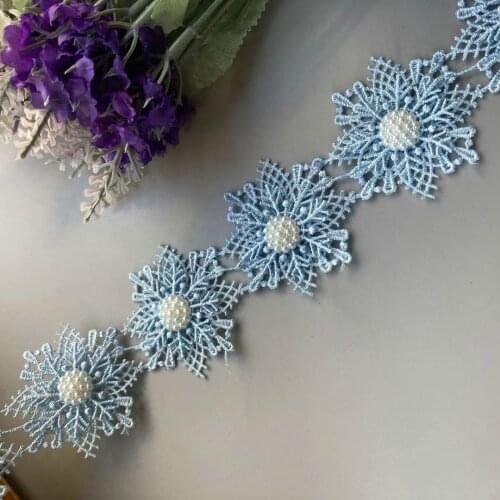 10 x Blue Snowflake Pearl Heart Flower Diamond Lace Edge Trim 5cm Bridal Wedding Dress Ribbon Embroidered Applique Sewing Craft