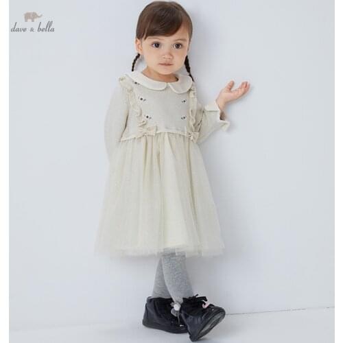 DBL19229 dave bella autumn baby girls cute bow floral sweater dress children fashion party dress kids infant lolita clothes